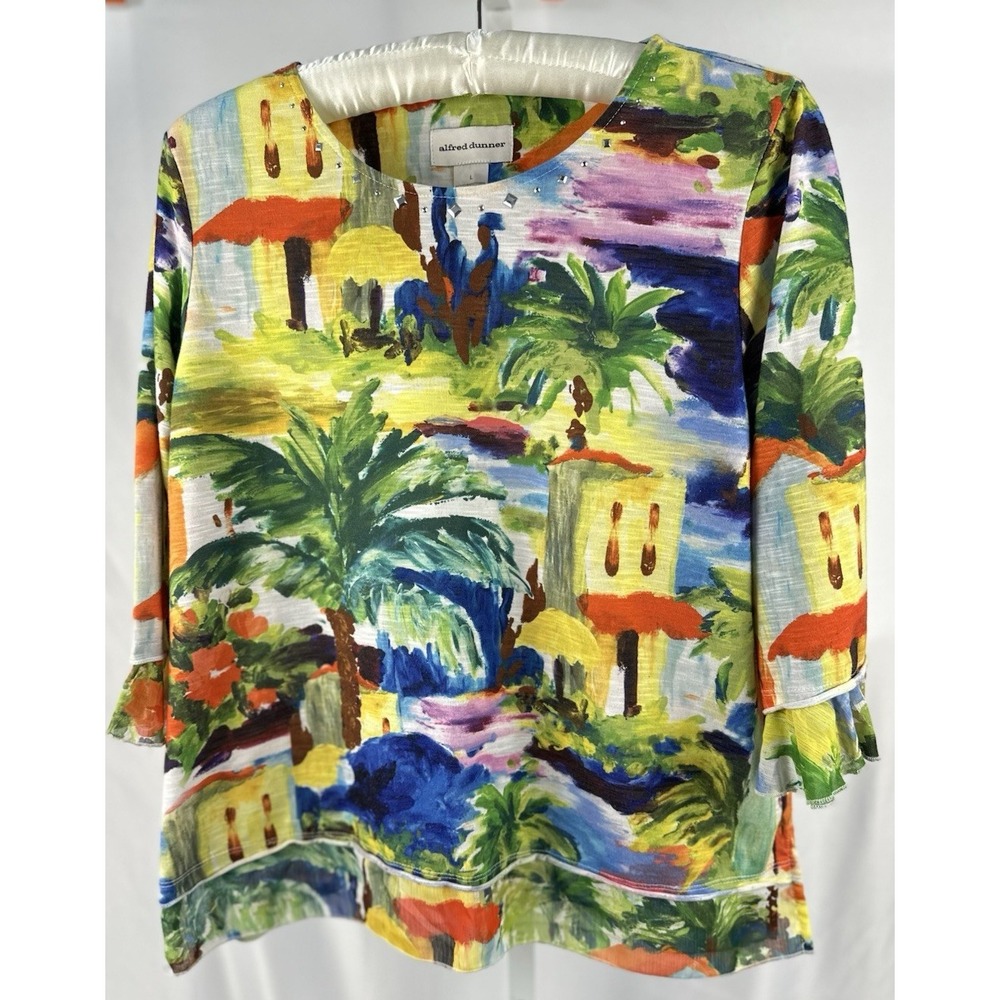 Alfred Dunner Scenic Art Landscape Print Travel Knit Top Palm Trees 3/4 Sleeve L
